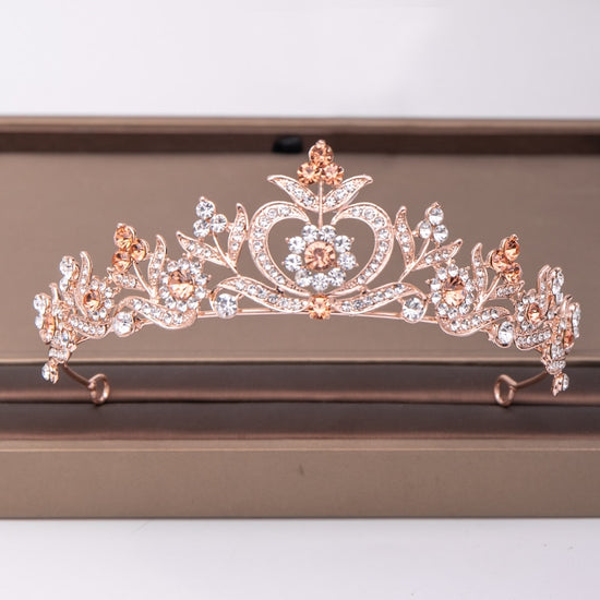 Trendy Rose Gold Rhinestone Crystal Crown Bridal Wedding Hair Accessory - TulleLux Bridal Crowns &  Accessories 