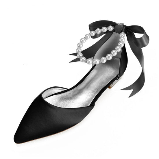 Load image into Gallery viewer, Comfort Flat Satin Ladies Pointed Toe Pearl Ankle Strap Formal Dress Flats
