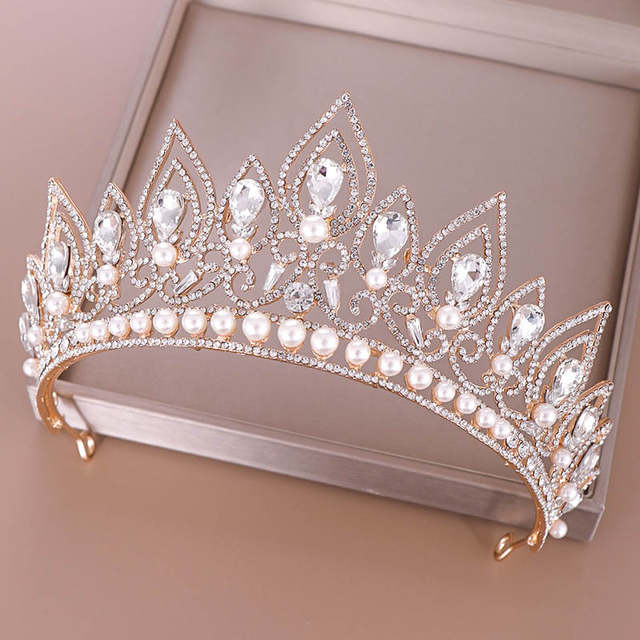 Baroque  Crystal Crown Princess Birthday Party Imitation Pearl Tiaras Bridal Wedding Accessory - TulleLux Bridal Crowns &  Accessories 