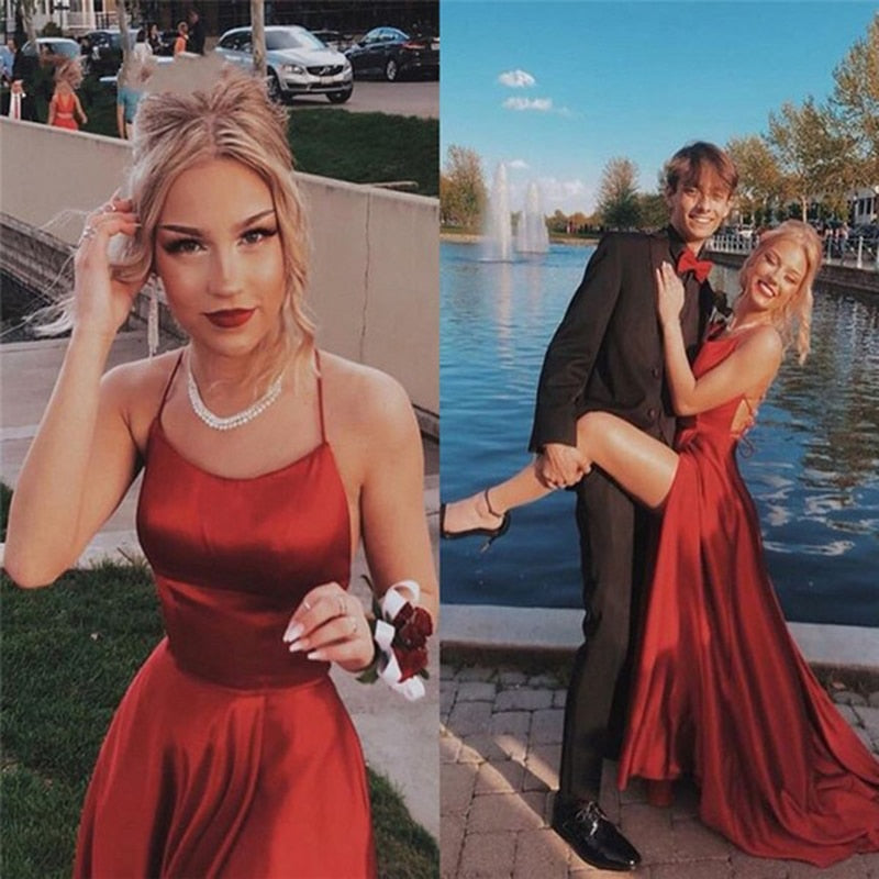 Sexy Backless Halter Neck Prom Dress Front Split Satin A-line Party Dress - TulleLux Bridal Crowns &  Accessories 