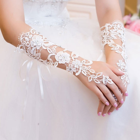 Load image into Gallery viewer, Luxury Lace Flower Opera Wedding Bridal Gloves - TulleLux Bridal Crowns &amp;amp;  Accessories 
