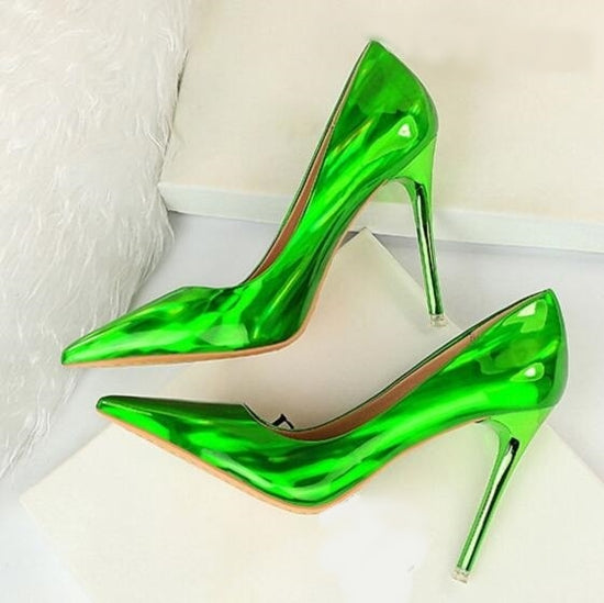 Fluorescent Iridescent Silver Stiletto Heels Pumps  Pointed Toe  Patent Leather Dress Shoes - TulleLux Bridal Crowns &  Accessories 