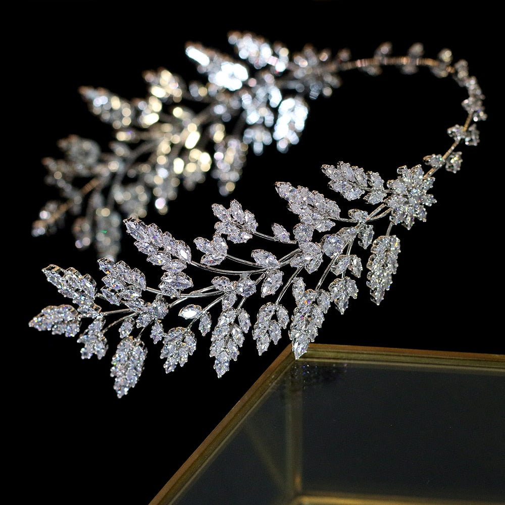 Load image into Gallery viewer, Cubic Zirconia Leaf Tiara Wedding Headband - TulleLux Bridal Crowns &amp;amp;  Accessories 
