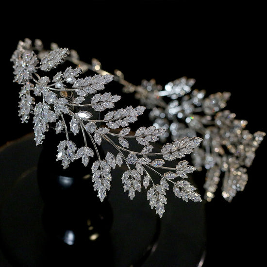 Load image into Gallery viewer, Cubic Zirconia Leaf Tiara Wedding Headband - TulleLux Bridal Crowns &amp;amp;  Accessories 
