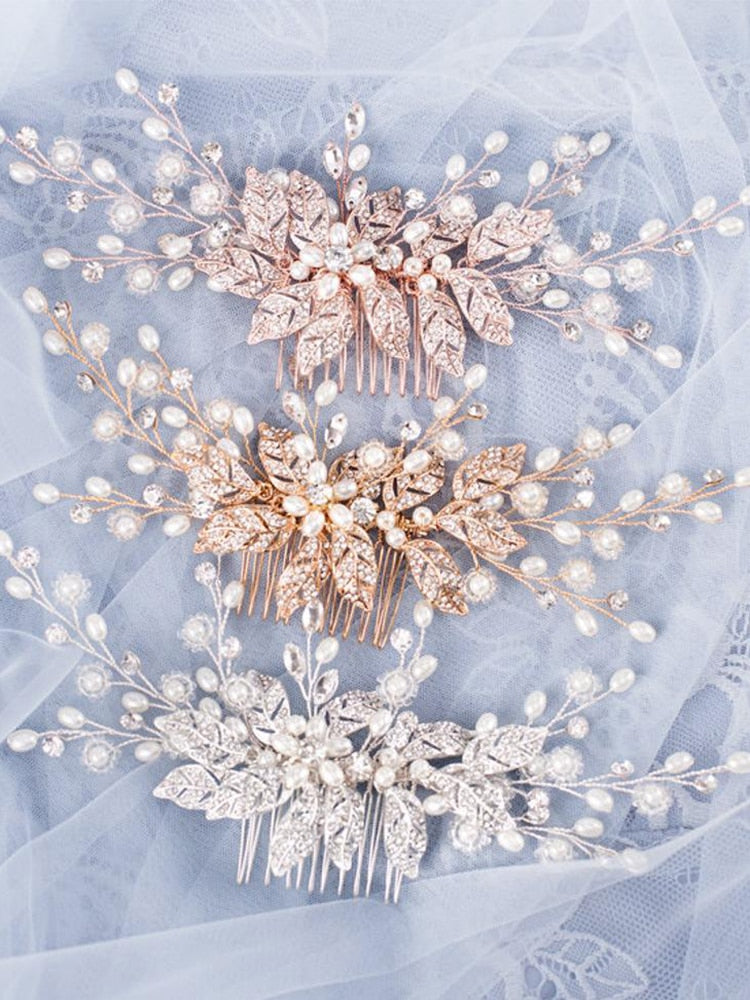 Load image into Gallery viewer, Leaf Pearl Wedding Hair Comb Tiara Bridal Headpiece - TulleLux Bridal Crowns &amp;amp;  Accessories 
