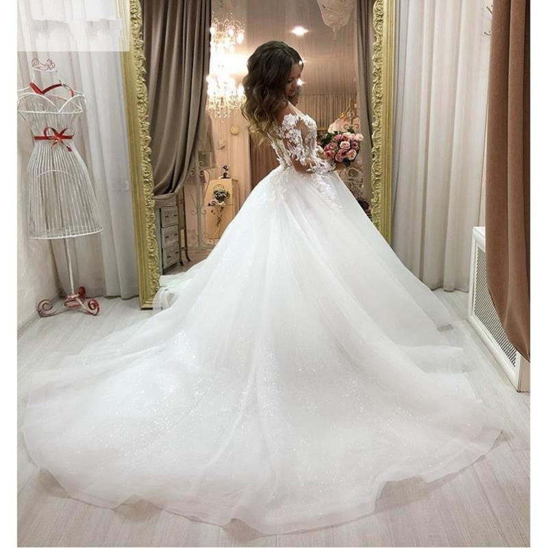 Gorgeous Wedding Dress Sheer Scoop Neck Lace Appliques Bridal Gown - TulleLux Bridal Crowns &  Accessories 