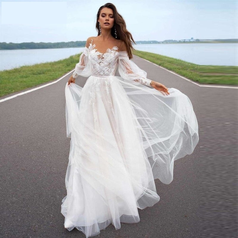 Off-shoulder Long Sleeve Flowy Chiffon Beach Bridal Gown - Lunss