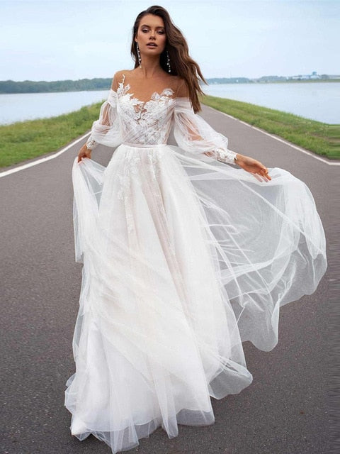 Off-the-Shoulder Long Sleeve Lace Draped Gown