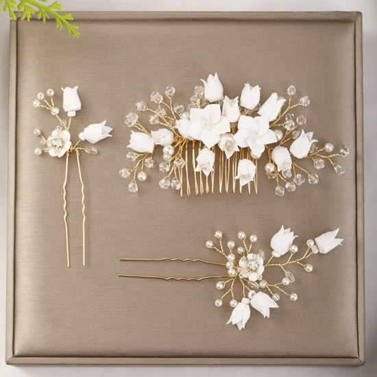 Crystal Flower 3 Piece Set Hair Comb 2 Pins Bridal Hair Accessories - TulleLux Bridal Crowns &  Accessories 