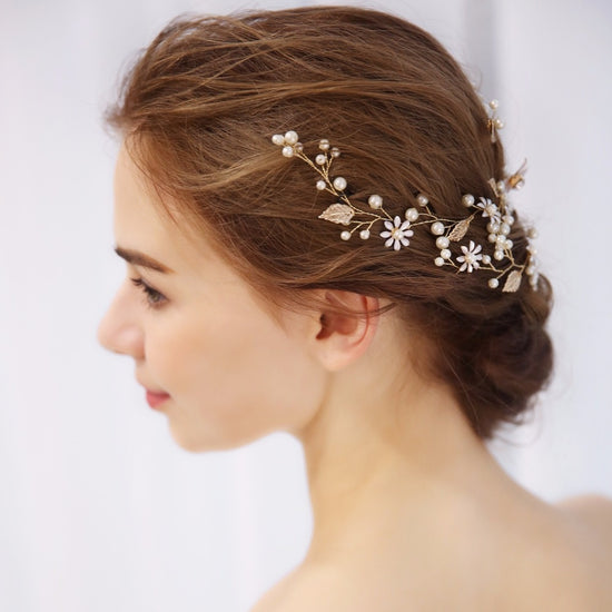 Gold Flower Crystal Pearl Bridal Headband Hair Vine Wedding Tiara - TulleLux Bridal Crowns &  Accessories 