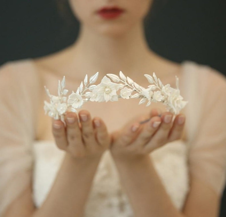 
                      
                        Porcelain Flower Wedding Crown Bridal Hair Tiara Silver Color Leaf Headpiece - TulleLux Bridal Crowns &  Accessories 
                      
                    