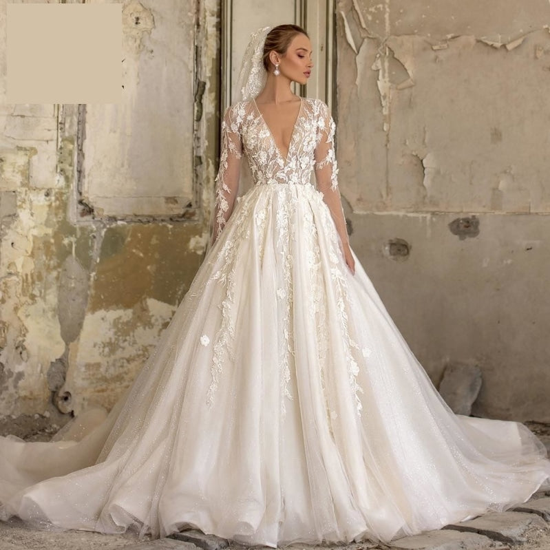 Deep V Neck Wedding Dresses Lace Appliques 3D Flowers Long Sleeves Bridal  Gowns