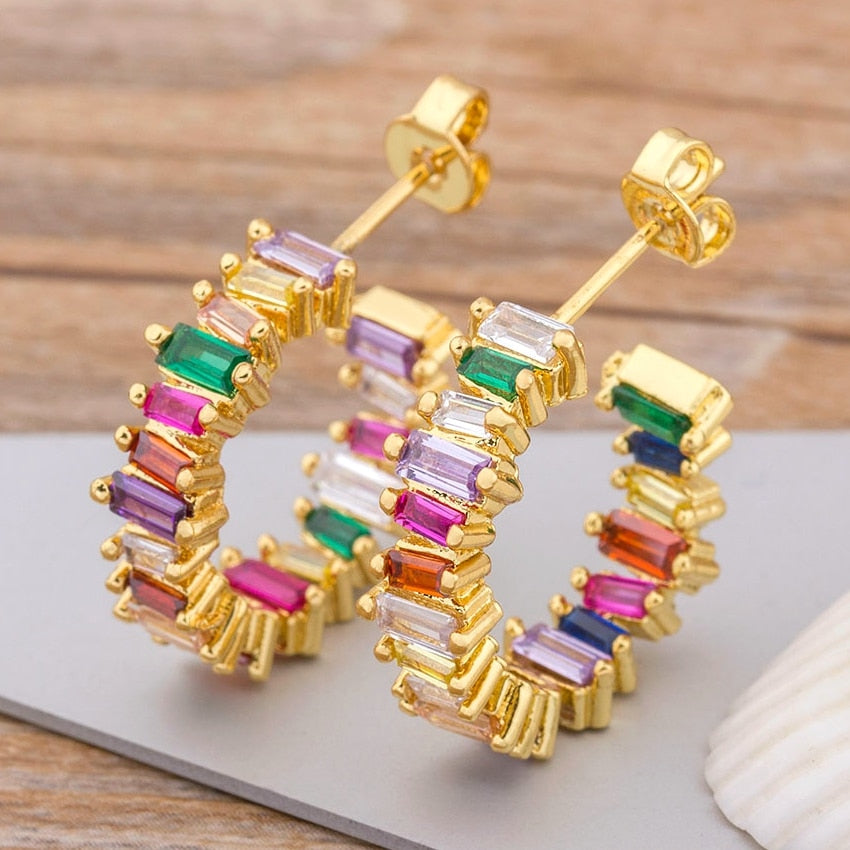 Luxury Crystal Zircon Stone Earrings Fashion Copper CZ Gold Rainbow Jewelry Boho Stud Earrings - TulleLux Bridal Crowns &  Accessories 