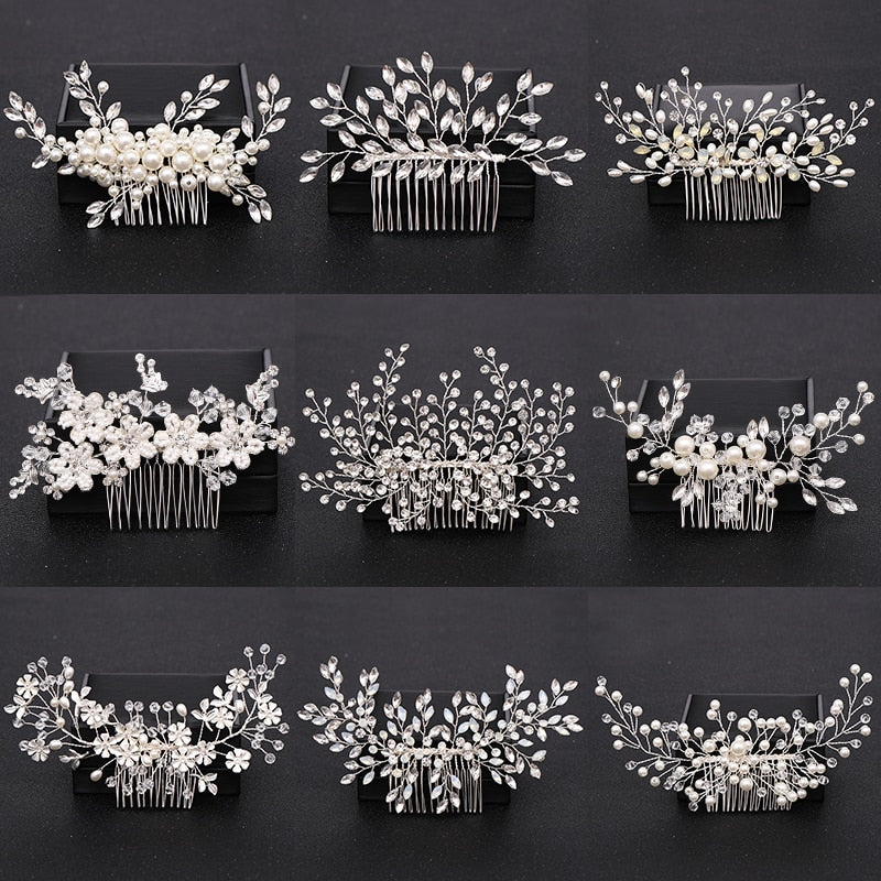 Silver Color Pearl Crystal Bridal Wedding Hair Combs - TulleLux Bridal Crowns &  Accessories 