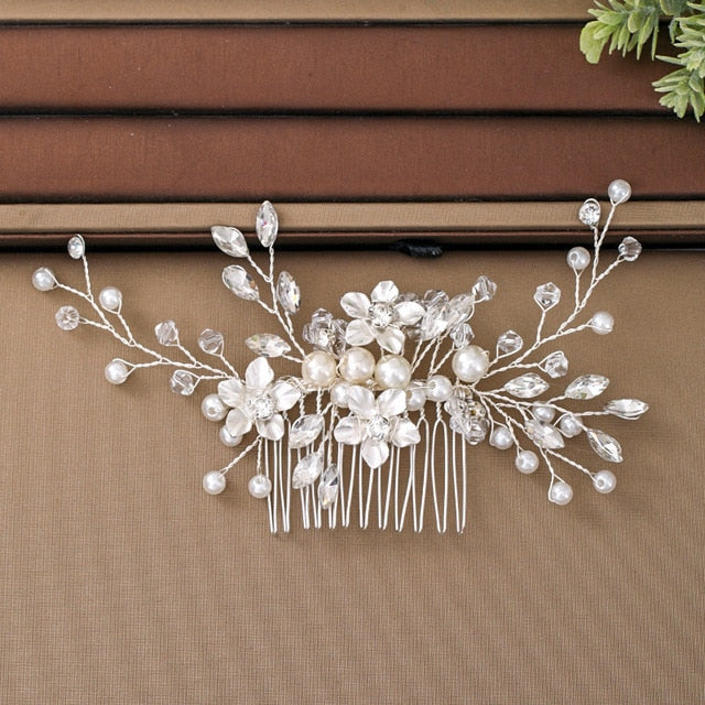 LBBA Crystal Pearl Wedding Hair Comb with Feather Plume & Silk Petals Ostrich Plume Comb / Ivory