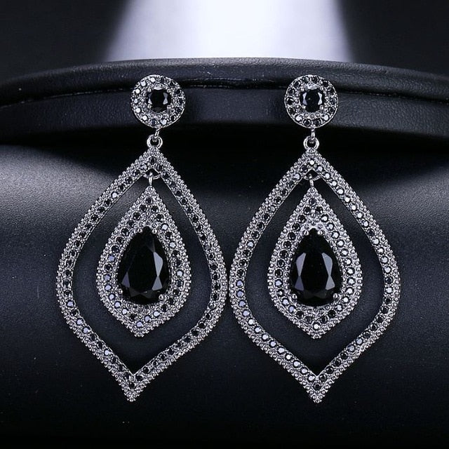 Shiny Leaf Shaped Cubic Zirconia Crystal Long Dangle Drop Pageant Earrings - TulleLux Bridal Crowns &  Accessories 