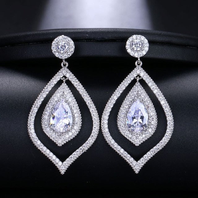 Shiny Leaf Shaped Cubic Zirconia Crystal Long Dangle Drop Pageant Earrings - TulleLux Bridal Crowns &  Accessories 