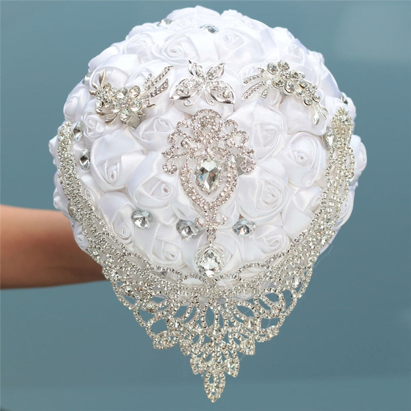 16styles White Wedding Artificial Floral Ribbon Rhinestone Pearl Bouquet - TulleLux Bridal Crowns &  Accessories 