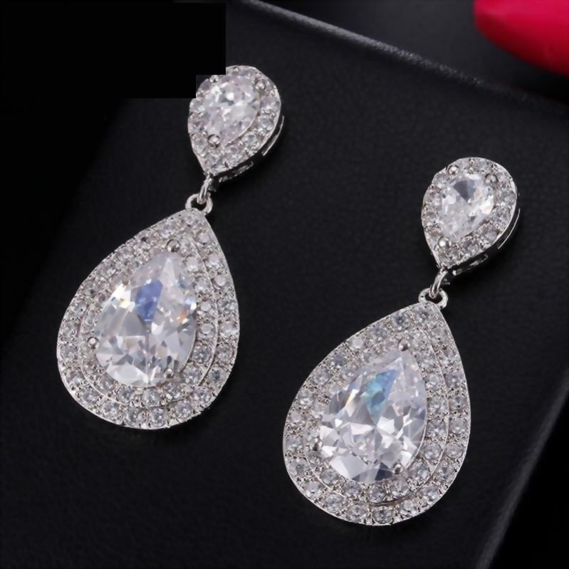 Long Brilliant Water Drop Cubic Zirconia Bridal Earrings - TulleLux Bridal Crowns &  Accessories 