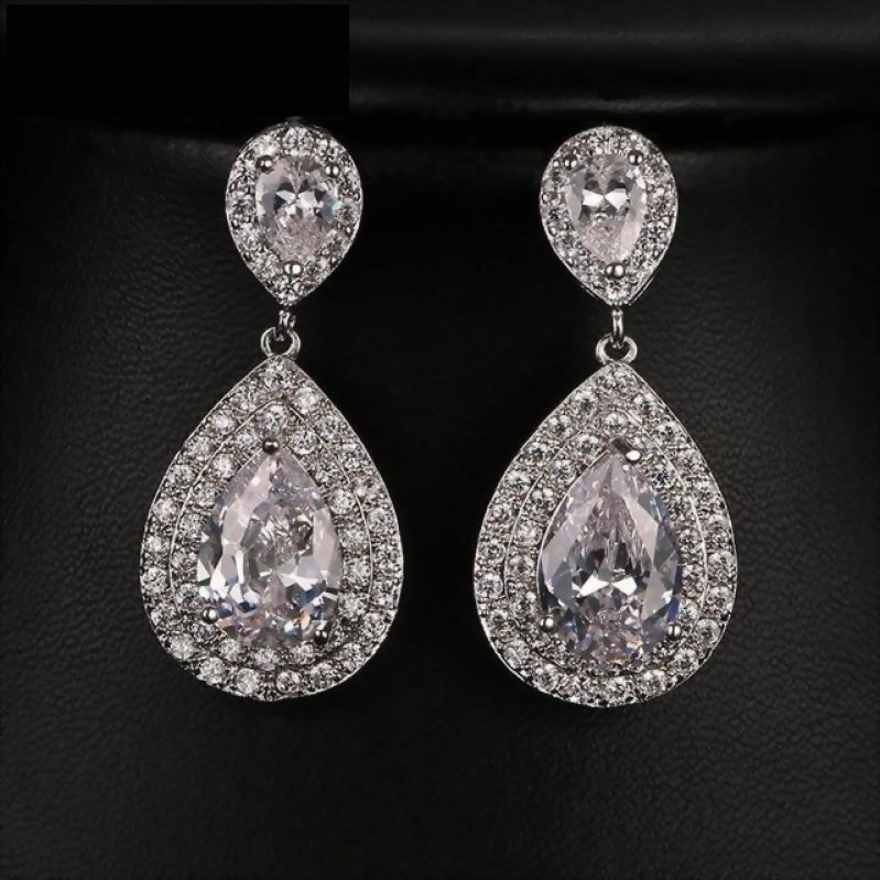 Long Brilliant Water Drop Cubic Zirconia Bridal Earrings - TulleLux Bridal Crowns &  Accessories 