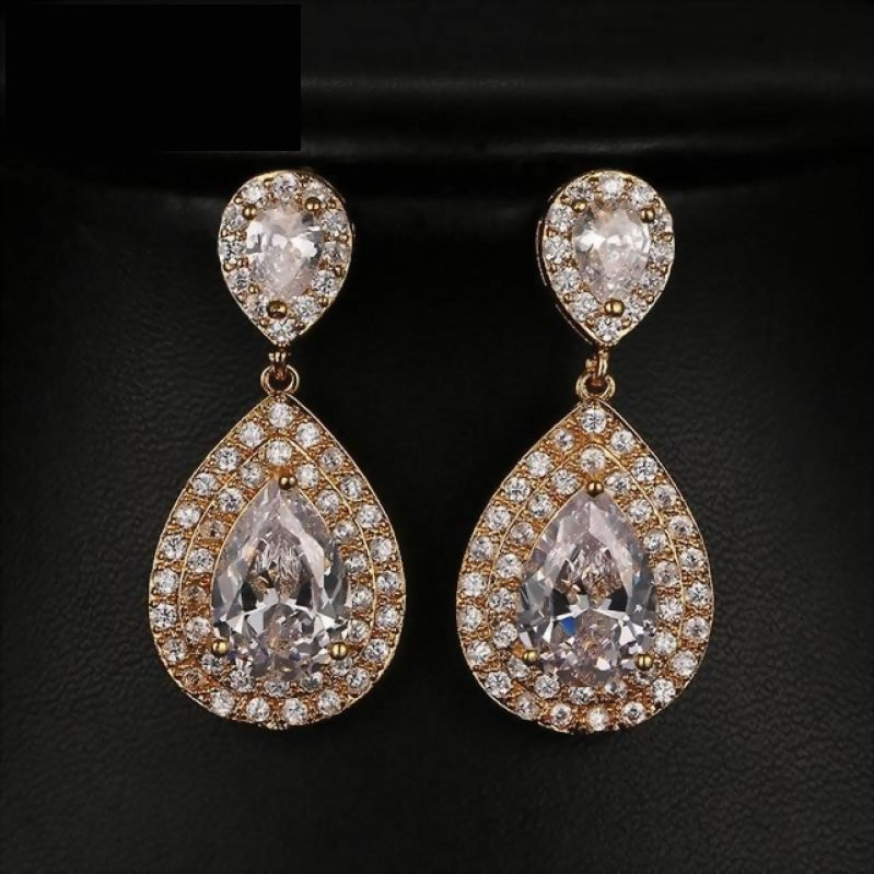 
                      
                        Cubic Zirconia Bridal Earrings Long Dangle Wedding Jewelry Accessory, long water drop pattern cubic zirconia bridal earrings in gold, rose gold and silver, 
                      
                    