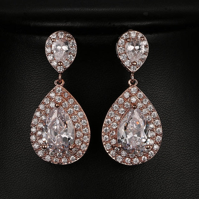 
                      
                        Cubic Zirconia Bridal Earrings Long Dangle Wedding Jewelry Accessory, long water drop pattern cubic zirconia bridal earrings in gold, rose gold and silver, 
                      
                    