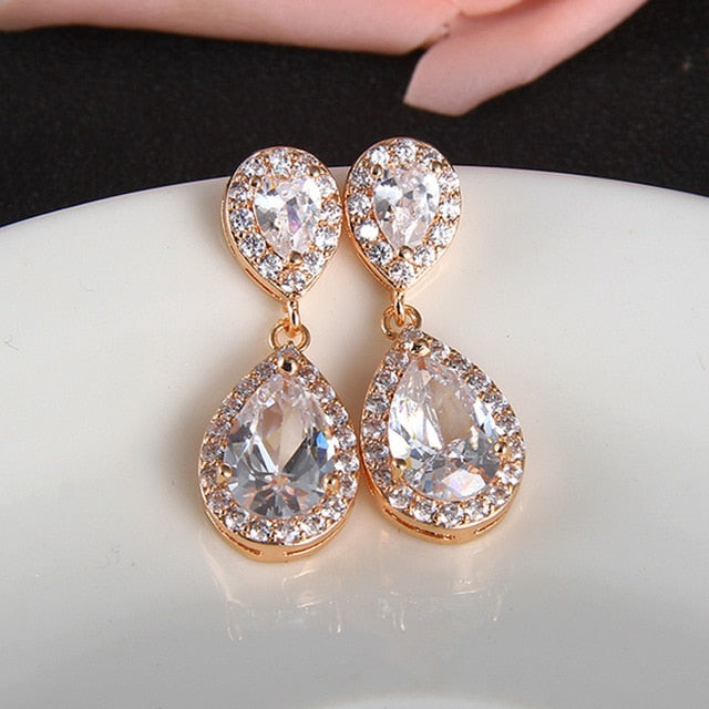 
                      
                        Cubic Zirconia Bridal Earrings Long Dangle Wedding Jewelry Accessory, long water drop pattern cubic zirconia bridal earrings in gold, rose gold and silver, 
                      
                    