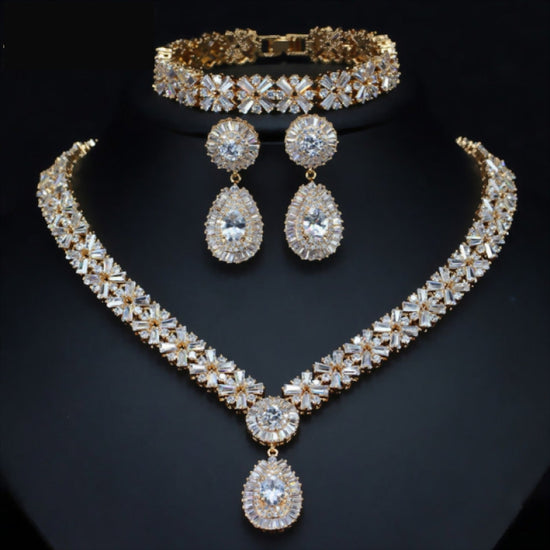 Load image into Gallery viewer, Cubic Zircon Exclusive Dubai Gold Plate Luxury Necklace Earring Bracelet Party Jewelry Set
