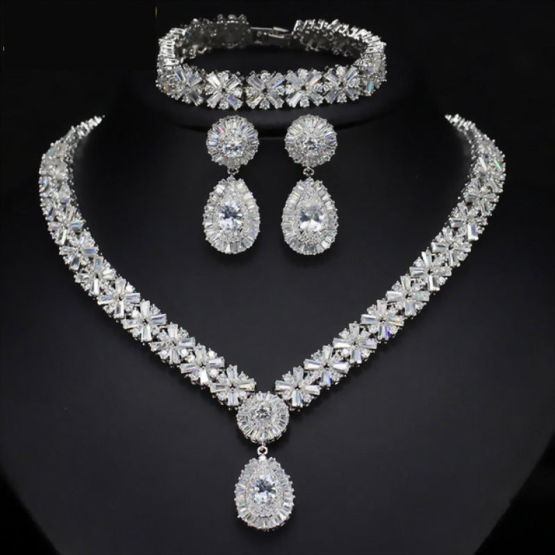 Cubic Zircon Exclusive Dubai Gold Plate Luxury Necklace Earring Bracelet Party Jewelry Set