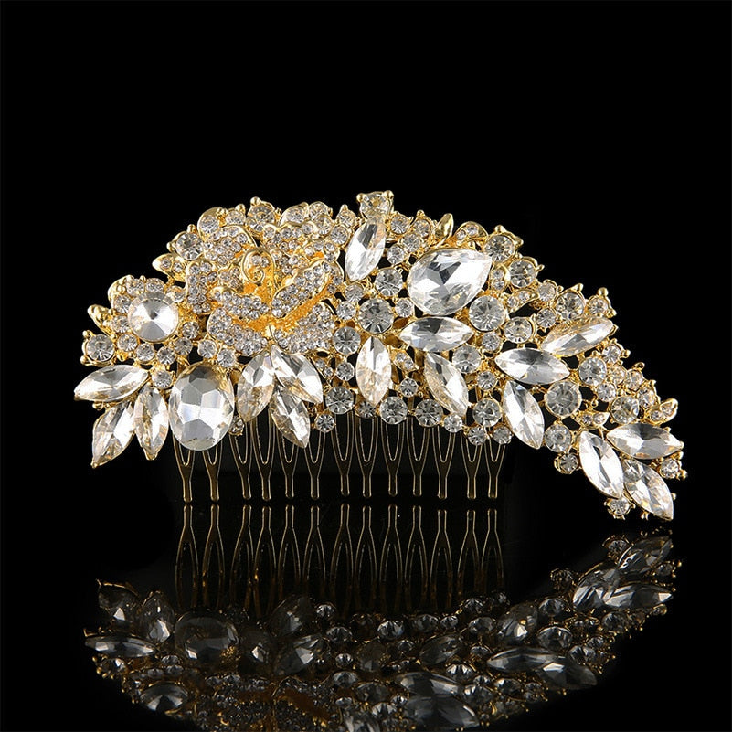 Leaf Shape Gold Color Bridal Hair Crystal Comb Wedding Day Accessory - TulleLux Bridal Crowns &  Accessories 