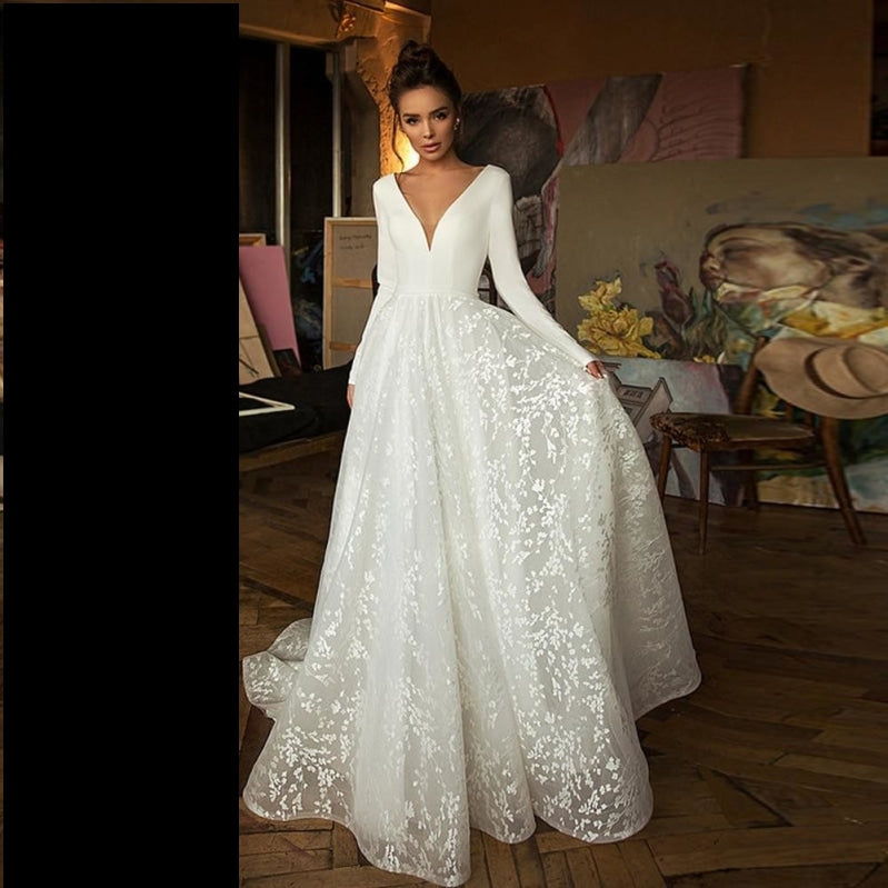 Lace Wedding Dresses  Long Sleeve V-neck Boho Bridal Gowns Satin Backless White - TulleLux Bridal Crowns &  Accessories 
