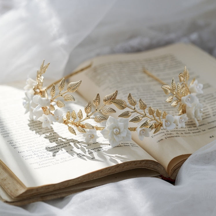 Gold Leaf Bridal Crown Hairband Porcelain Flower Wedding Tiara Headpiece - TulleLux Bridal Crowns &  Accessories 