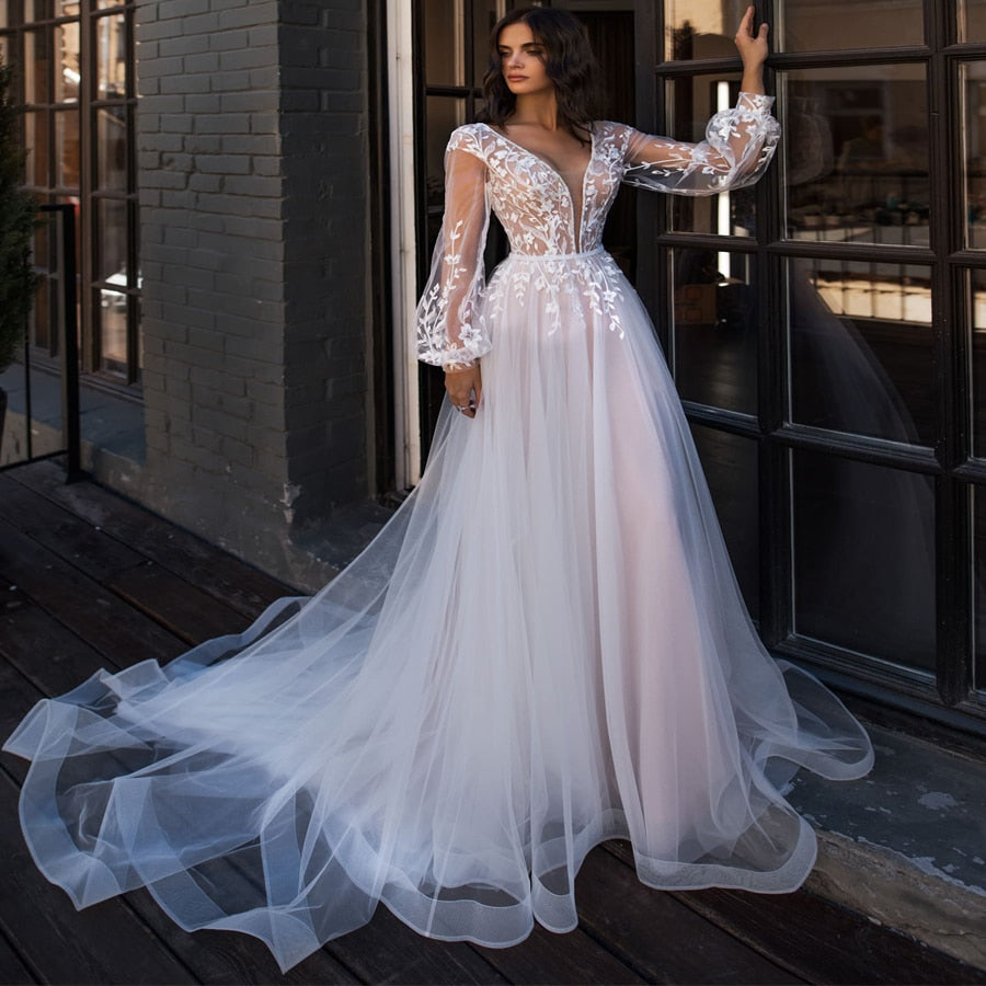 T242011_Charming Boho Tulle A-line Gown with V-Neckline and Billowy Bishop  Sleeves