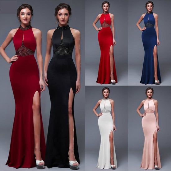 Load image into Gallery viewer, Backless Elegant Halter Style Prom Pageant Evening Dress Slit Side Leg - TulleLux Bridal Crowns &amp;amp;  Accessories 
