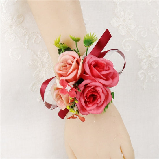 Kercisbeauty Red Rose Flower Corsage Wristlet Pearl Bracelet for Wedding  Bridesmaid and Flower Girls Handmade Ribbon Wrist Chain (Red)