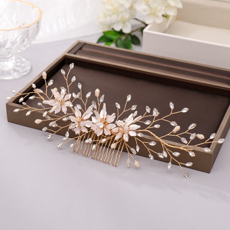 Bridal Hair Comb Gold Flower Crystal Wedding Hair Jewelry - TulleLux Bridal Crowns &  Accessories 