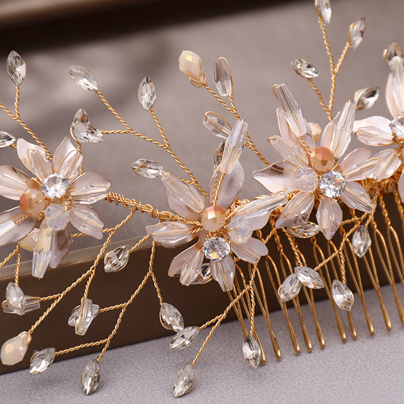 Bridal Hair Comb Gold Flower Crystal Wedding Hair Jewelry - TulleLux Bridal Crowns &  Accessories 