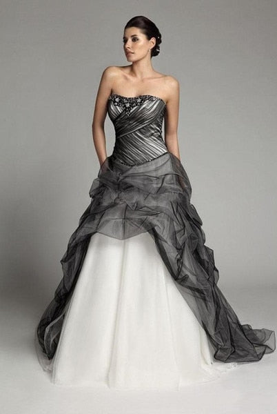 Gothic Black and White Wedding Dress Ruffled Princess Bridal Gown - TulleLux Bridal Crowns &  Accessories 