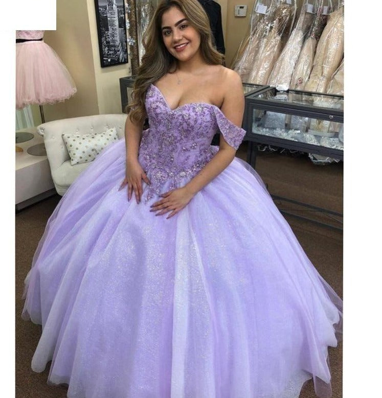 Lilac Lace Beaded Quinceañera Dress Ball Gown Off the Shoulder Party Sweet 16 Dress - TulleLux Bridal Crowns &  Accessories 