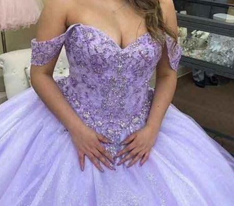 Lilac Lace Beaded Quinceañera Dress Ball Gown Off the Shoulder Party Sweet 16 Dress - TulleLux Bridal Crowns &  Accessories 
