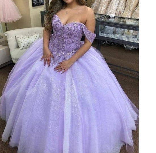 Lilac Lace Beaded Quinceañera Dress Ball Gown Off the Shoulder Party Sweet 16 Dress - TulleLux Bridal Crowns &  Accessories 