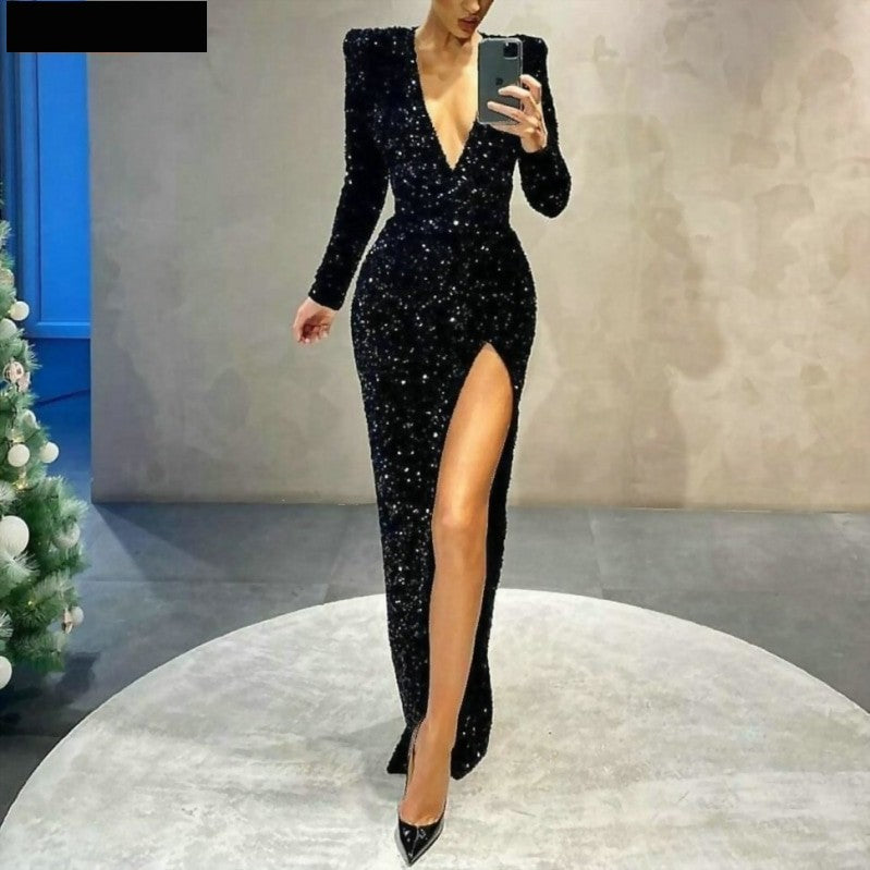 Slim-fit long-length dress with V neckline