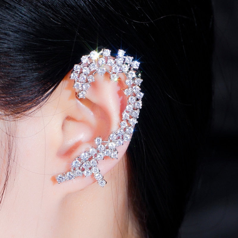 Super Shiny Round Cubic Zirconia Long Ear Cuff Stud Climber Earrings - TulleLux Bridal Crowns &  Accessories 