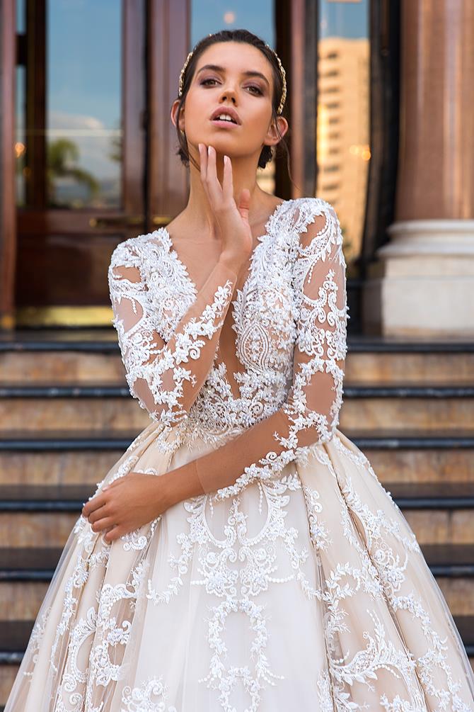 Long Sleeve Luxury Beaded Lace Appliques V-Neck Princess Bride Wedding Gown - TulleLux Bridal Crowns &  Accessories 