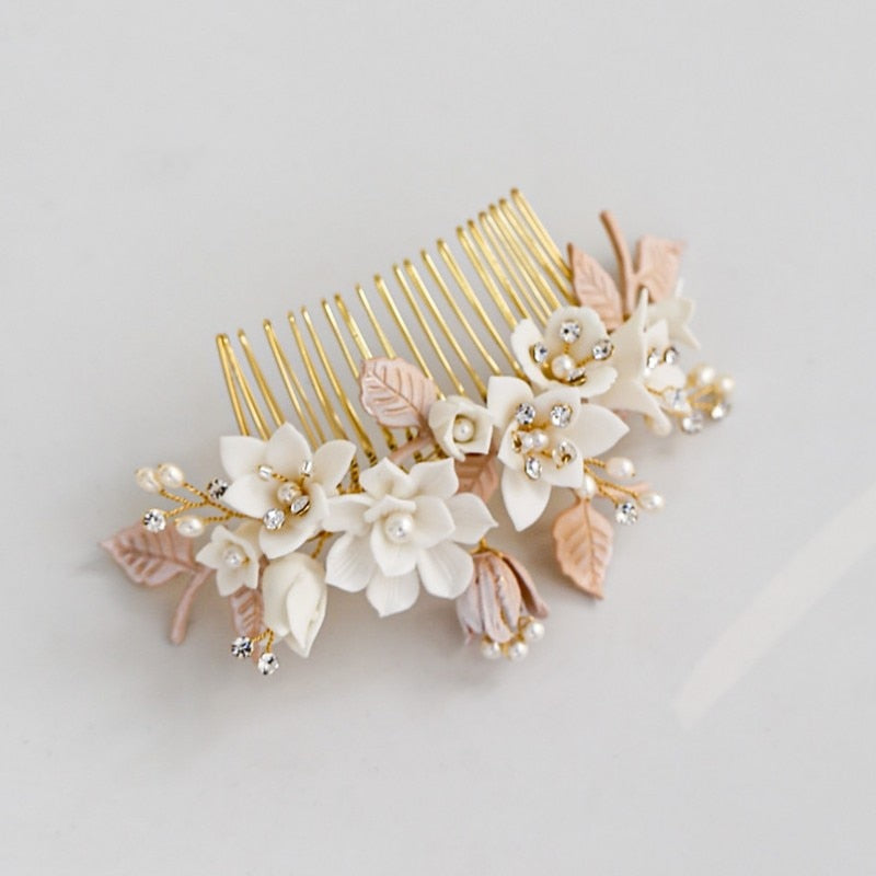 Delicate Wedding Gold Leaf Bridal  Porcelain Flower Hair Comb - TulleLux Bridal Crowns &  Accessories 