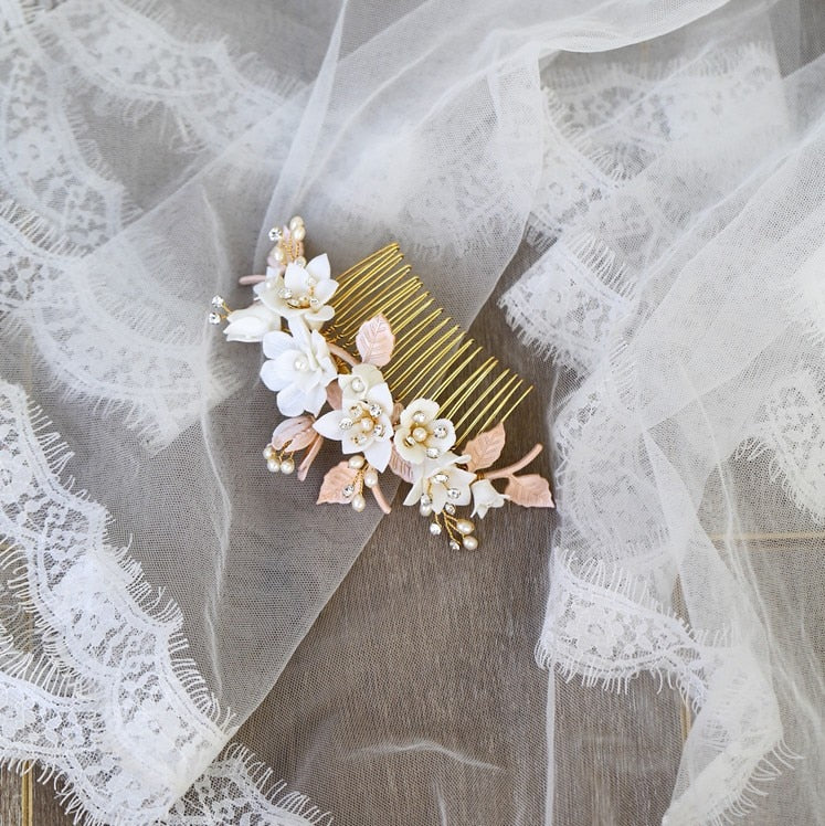 Delicate Wedding Gold Leaf Bridal  Porcelain Flower Hair Comb - TulleLux Bridal Crowns &  Accessories 