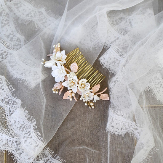 Load image into Gallery viewer, Delicate Wedding Gold Leaf Bridal  Porcelain Flower Hair Comb - TulleLux Bridal Crowns &amp;amp;  Accessories 
