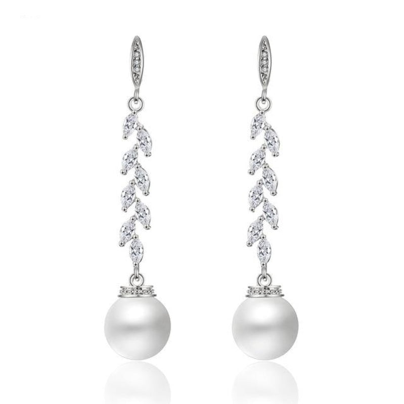 
                      
                        Cubic Zirconia Crystal Leaf Long Drop Earrings With Imitation Pearls - TulleLux Bridal Crowns &  Accessories 
                      
                    