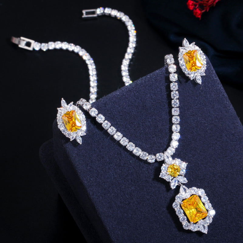 Shiny Yellow White Cubic Zirconia Stone Round Tennis Necklace and Earring Set Party Jewelry Accessory