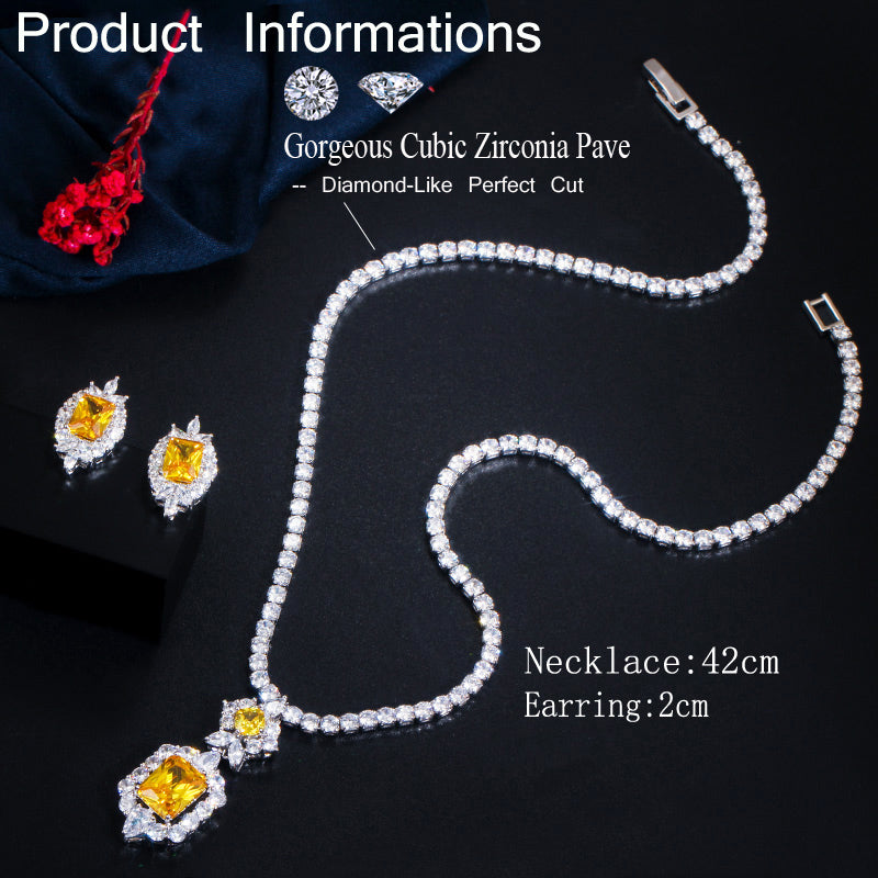 Shiny Yellow White Cubic Zirconia Stone Round Tennis Necklace and Earring Set Party Jewelry Accessory